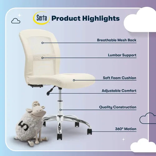 Miniatura 4 de Serta Essential - Silla de tareas sin brazos, sillas de escritorio pequeñas con ruedas, respaldo de malla transpirable y piel sintética, asiento