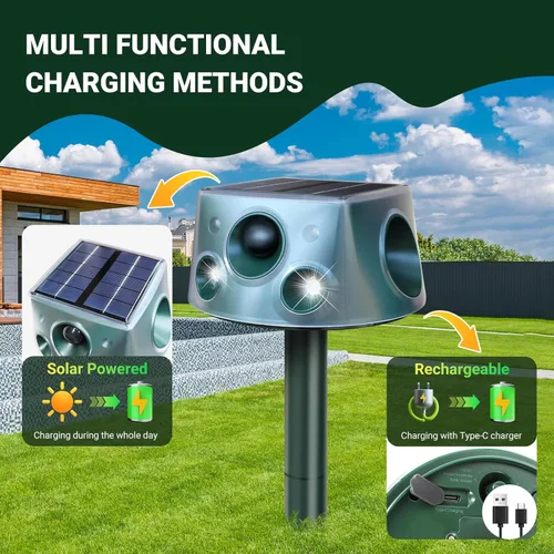 Miniatura 7 de Repelente solar de animales de 360° mejorado: repelente de gatos al aire libre Repelente ultrasónico de plagas con detección de movimiento
