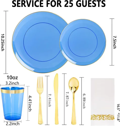 Miniatura 2 de YOUBET 175 PIEZAS Platos de Plástico Azul Transparente - Platos Desechables Azules y Dorados Incluyen 50 Platos, 75 Cubiertos, 25 Vasos, 25