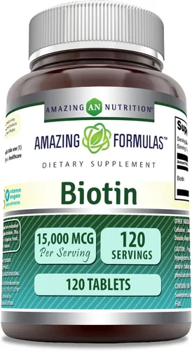 Amazing Formulas Suplemento de biotina | 15000 Mcg por porción | 120 tabletas | Sin OMG | Sin gluten | Fabricado en Estados Unidos