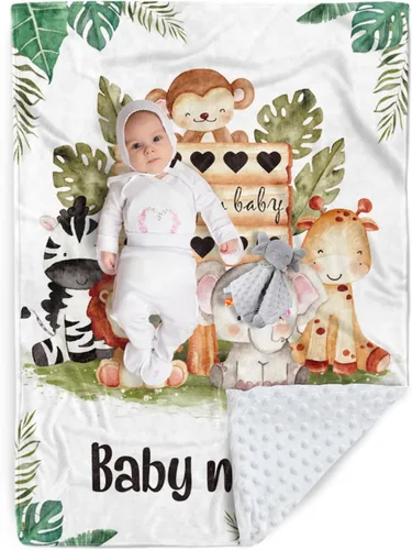 Miniatura 19 de Manta de bebé personalizada, nombre personalizado con diseño de animales del bosque, manta de felpa suave con respaldo punteado de doble capa
