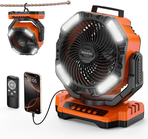 Ventilador de camping Socool recargable de 40,000 mAh, ventilador portátil a batería para exteriores con control remoto, 136 horas y 4 velocidades,