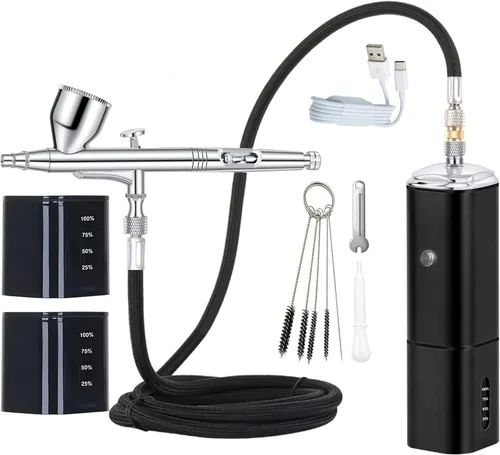 Casubaris - Kit portátil de aerógrafo sin cable con compresor, bolígrafo de aire de doble acción recargable y con parada automática reemplazable,