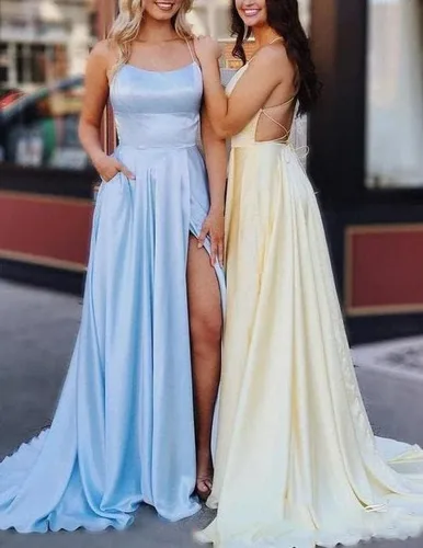 Miniatura 7 de Vestidos de baile de satén para mujer, vestido largo de baile con abertura, espalda descubierta, tirantes delgados, cuello halter, vestido formal