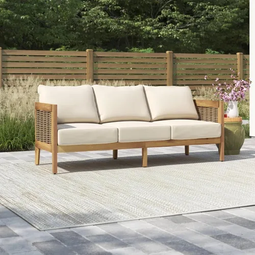 Miniatura 4 de Merax Sofá de mimbre de madera de acacia al aire libre de 76.5 pulgadas, sofá de 3 plazas para patio trasero