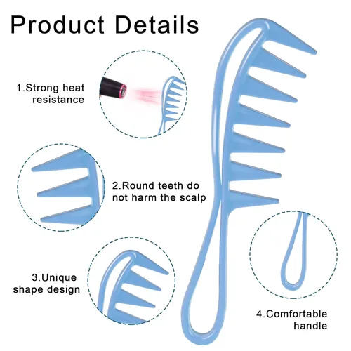 Miniatura 3 de 3 peines profesionales de plástico para peluquería, diseño de dientes grandes de tiburón para cabello rizado, seco, húmedo, largo y grueso