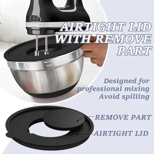 Miniatura 7 de Umite Chef Cuencos para Mezclar con Tapas Herméticas, Juego de 8 Cuencos de Acero Inoxidable para Mezclar Anidables, 3 Accesorios de Rallador y Negro