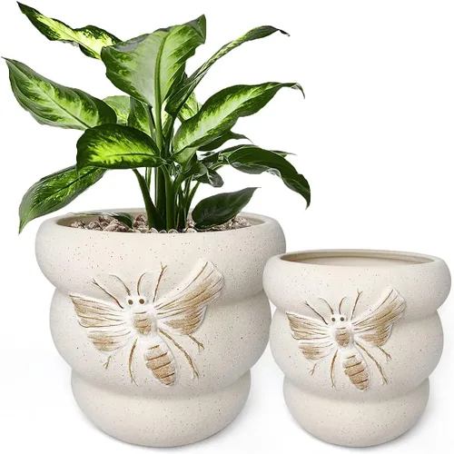 Macetas de terracota con orificios de drenaje con decoración de abejas, macetas de cerámica para plantas de interior y exterior, suculentas,