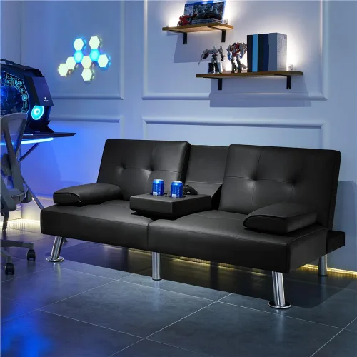 Miniatura 7 de Yaheetech Sofá Cama Convertible Sillón Reclinable Ajustable Moderno de Cuero Sintético Sofá de Dos Plazas Reversible Cama Plegable Tipo Diván