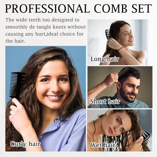 Miniatura 5 de Juego de peines para el cabello 4 en 1, dientes anchos, cola de doble cara, púa afro y peine de peluquero, negro, 4 estilos