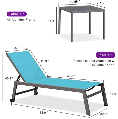 Miniatura 7 de PURPLE LEAF Juego de tumbonas para exteriores para 2 sillas de piscina de gran tamaño con ruedas fáciles de mover y respaldo ajustable, tumbonas