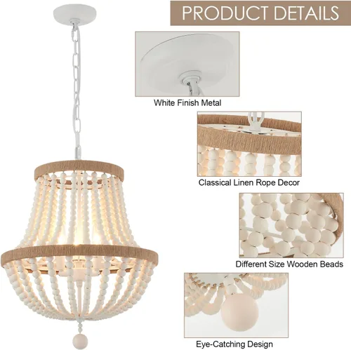 Miniatura 4 de Lámpara de araña bohemia de 3 luces de granja, luz colgante de cuentas de madera, lámpara colgante rústica antigua para cocina, isla, pasillo, Blanco