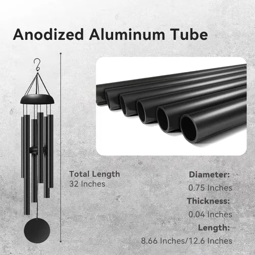 Miniatura 3 de Campanillas de viento para exteriores, campanillas de viento de metal de tono profundo de 32 pulgadas con 6 tubos de aluminio grueso, campanillas