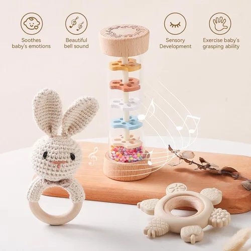 Miniatura 2 de Youuys Juego de sonajeros de madera para bebés (3 piezas) – Sonajero de ganchillo, juguete Montessori de madera para bebé recién nacido, sonajeros