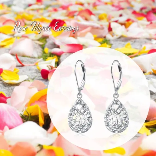 Miniatura 103 de Aretes colgantes de filigrana de plata de ley 925, margarita, loto, flor de rosa, piedra lunar, lágrima para mujer, nudo celta infinito, margarita
