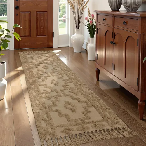 Miniatura 25 de Uphome Alfombra bohemia para pasillo de 2 x 6 pies, color beige, de algodón, lavable, con borlas, tejida a mano, alfombra de pasillo occidental