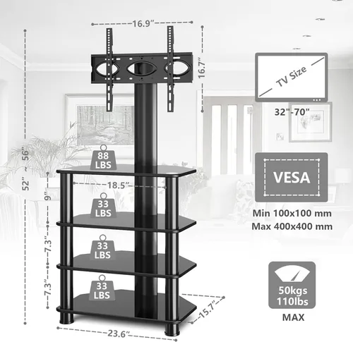 Miniatura 5 de TAVR Furniture Soporte de TV con componentes multimedia de 4 niveles con estante de audio giratorio y soporte ajustable en altura, soporte de TV