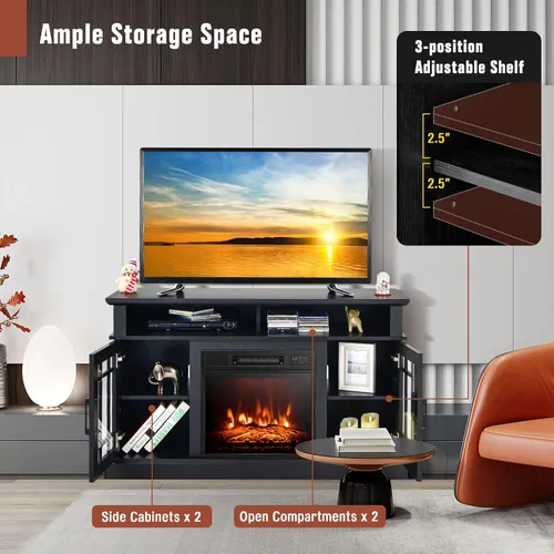 Miniatura 5 de GOFLAME Soporte de TV con chimenea para TV de hasta 55 pulgadas, centro de entretenimiento de madera independiente con chimenea eléctrica de 18