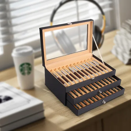 Miniatura 9 de Caja organizadora de bolígrafos de franela de cuero negro de 36 piezas, caja organizadora de bolígrafos de vidrio con tapa, vitrina de cristal