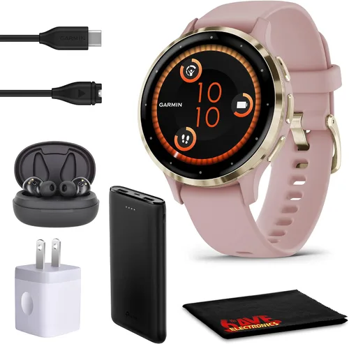 Garmin Venu 3S Advanced Fitness and Health Tracker - Reloj inteligente con bisel de acero inoxidable dorado suave con caja de rosa polvo y banda de