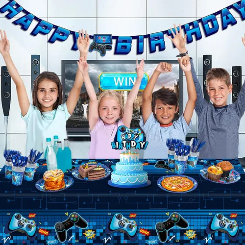 Miniatura 6 de Mantel rectangular de videojuegos, 3 piezas de plástico PE azul desechable, 54 x 108 pulgadas, para decoración de fiesta de cumpleaños de niños