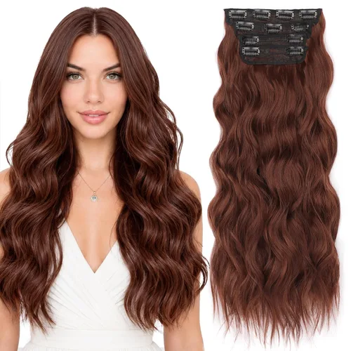 Miniatura 29 de ALXNAN Extensiones de cabello sintético largo y ondulado con clip, de 16 pulgadas, color negro natural, 4 piezas gruesas, fibra de doble trama