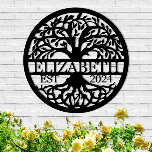 Miniatura 15 de Arte de pared personalizado del Árbol de la vida, decoración personalizada con apellido, letrero de metal para balcón exterior, arte de pared