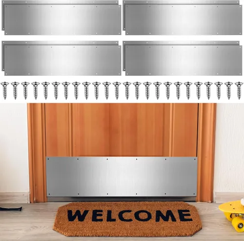 Miniatura 8 de Therwen 5 juegos de placas protectoras plateadas de 8 x 36 pulgadas para puertas exteriores, placas protectoras de aluminio satinado con tornillos