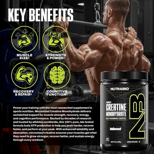 Miniatura 5 de NutraBio Suplemento en polvo de monohidrato de creatina micronizada pura, sin sabor, (10.58 oz) – Apoya la energía para el desarrollo muscular