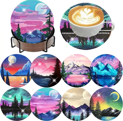 Miniatura 14 de ijbnhd 8 posavasos de pintura de diamante al atardecer con soporte, posavasos de arte abstracto de diamantes para principiantes, suministros