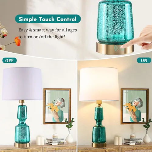 Miniatura 2 de BrightWe Juego de 2 lámparas de mesa táctiles, lámparas de mesa de vidrio con base dorada de latón, control táctil, modernas lámparas de mesa altas