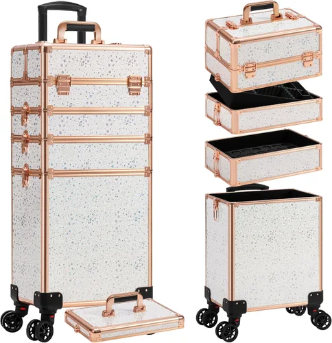 Miniatura 10 de AROUS Estuche de Maquillaje Rodante 5 en 1, Estuche de Cosmetología con Ruedas, Organizador de Cosméticos Grande, Carro de Viaje para Peluquero