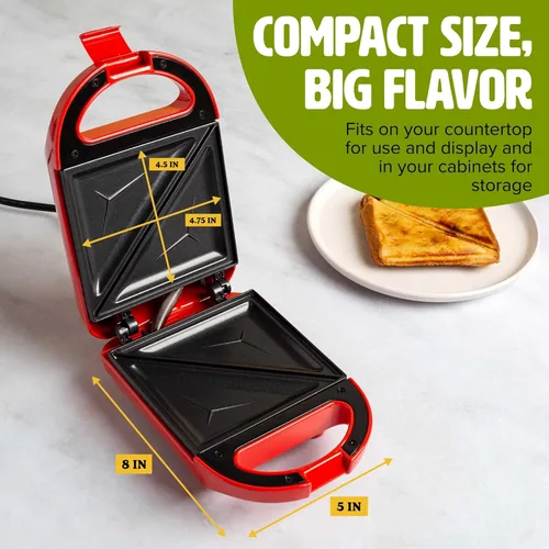 Miniatura 3 de Mini Sandwichera Tasty, Hace Sánidwiches, Paninis, Queso a la Parrilla, Postres, Resultados Rápidos, Fácil Limpieza, 600W, Roja Rojo