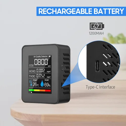 Miniatura 2 de LANRU Monitor portátil de calidad del aire Detector de CO2 para interiores, 5 en 1, formaldehído HCHO TVOC, probador LCD de temperatura y humedad
