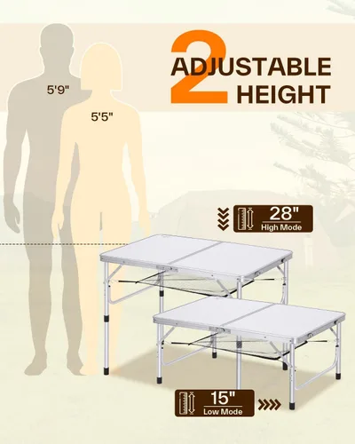 Miniatura 6 de Sportneer Mesa de campamento: Mesa plegable pequeña de altura ajustable de 35.4 pulgadas de largo x 23.6 pulgadas de ancho con 2 capas de malla