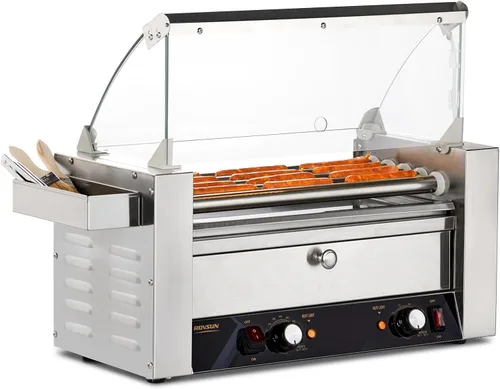 ROVSUN 12 Hot Dog 5 rodillos, calentador de rodillos para perros calientes con calentador de bollo, cubierta, control de temperatura doble, luz LED,