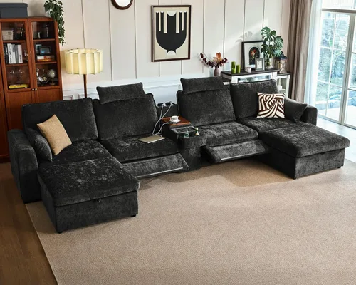 Miniatura 19 de Sofá reclinable eléctrico de 102.8 pulgadas con reposacabezas, sofá reclinable modular Cloud de gran tamaño con mesa, cajón de almacenamiento, Blanco