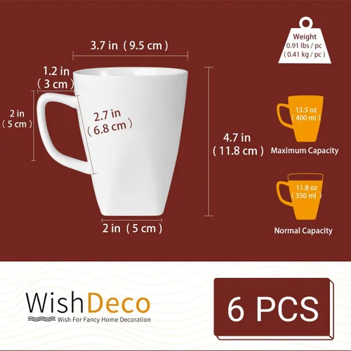 Miniatura 3 de WishDeco Juego de 6 tazas de café blancas, tazas de café de cerámica de 14 onzas, tazas de té modernas, tazas de té de porcelana, taza grande