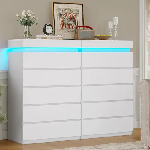 Miniatura 4 de HAUOMS Cómoda alta de 5 cajones con luz LED, cómoda moderna blanca para dormitorio, vestidor de armario con cajones para sala de estar, entrada