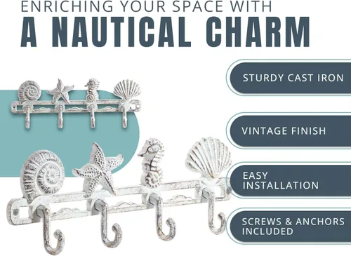 Miniatura 2 de Comfify Percha de pared con 4 ganchos de caballo de mar estrellas y conchas en hierro fundido – montado en la pared decorativo organizador