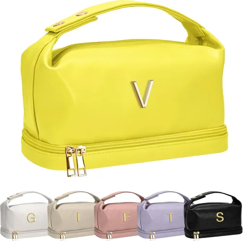 Miniatura 120 de Bolsa de maquillaje con asa, bolsa de cosméticos impermeable de doble capa, bolsas de maquillaje de cuero PU de gran capacidad con letra, bolsa