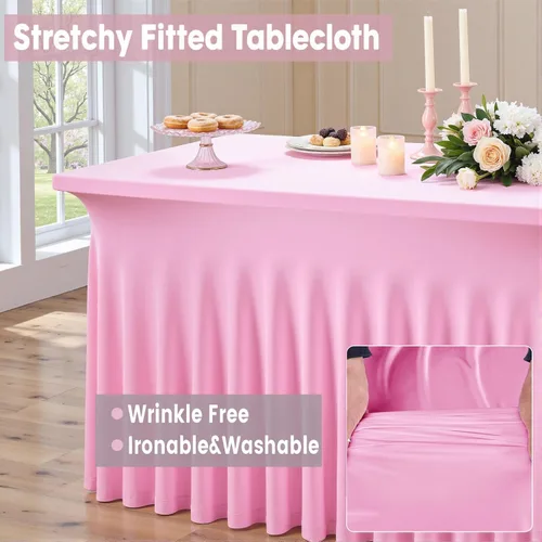 Miniatura 2 de Outpain - 4 paquetes de mantel de elastano de 6 pies para mesas plegables estándar - Mantel de mesa rosa bebé, protector de mesa para fiesta, boda