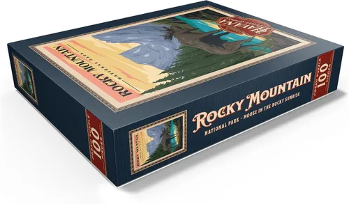 Miniatura 3 de MyPuzzle Rocky Mountain National Park - Alce en el amanecer rocoso, póster de viaje vintage, rompecabezas de 100 piezas para adultos