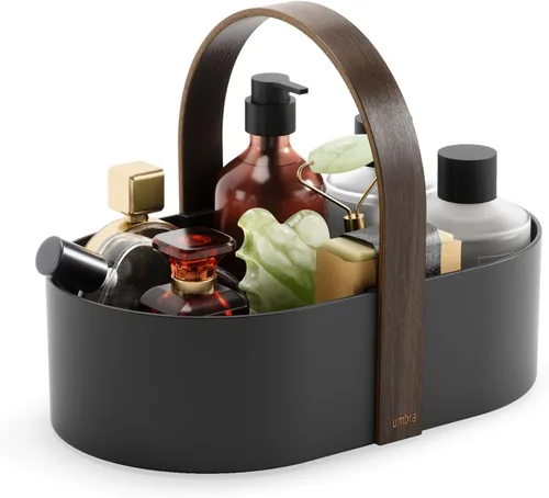 Umbra Bellwood Caddy, organizador para maquillaje y cosméticos, contenedor ligero y duradero con mango de madera y divisores extraíbles, pequeño,