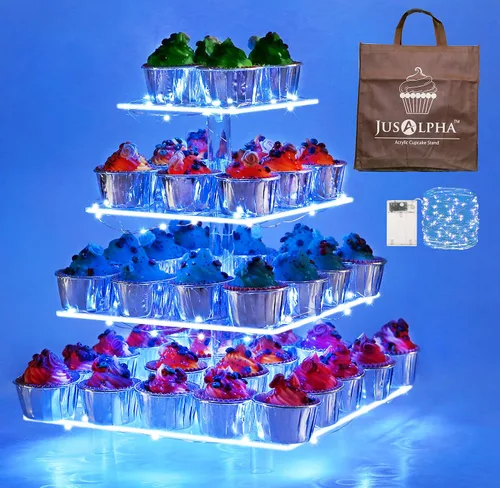 Miniatura 7 de Jusalpha Soporte cuadrado de 5 niveles para cupcakes con luz, soporte para cupcakes de alta calidad, bandeja para servir, torre acrílica