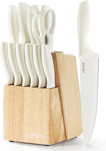 CAROTE Juego de 15 piezas de cuchillos, juego de bloque de cuchillos de cocina, elegantes cuchillas con revestimiento cerámico blanco con elegante