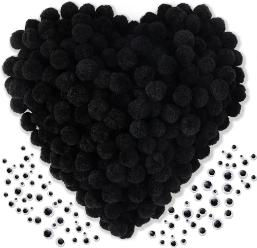 Caydo 300 pompones negros con 100 ojos ondulados, bolas de pompones de 1 pulgada para niños, proyectos de arte y manualidades, actividades de