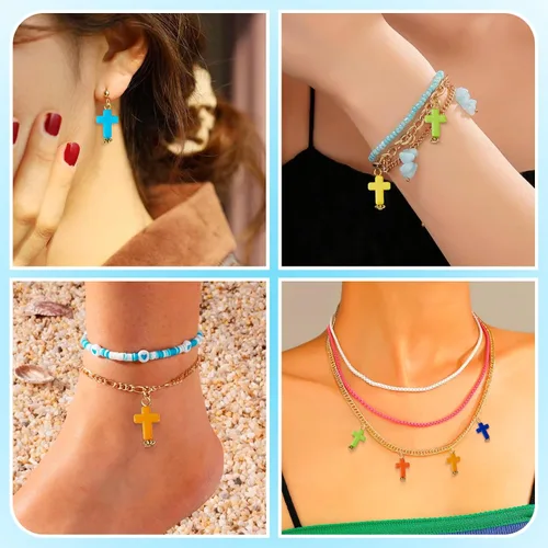 Miniatura 4 de Dijes de cruz para pulseras, colgantes de cruz de colores, dijes colgantes de cruz de religión para llavero de Pascua, manualidades, collares