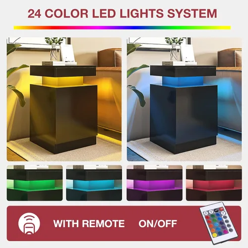 Miniatura 6 de oneinmil Juego de 2 mesitas de noche con luces LED, mesita de noche con armario de almacenamiento para dormitorio, mesita de noche con LED