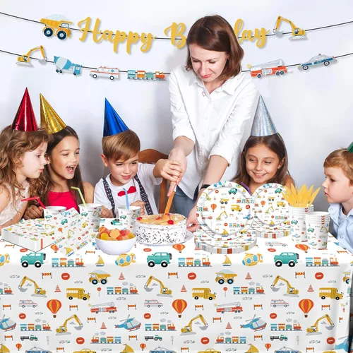 Miniatura 3 de Suministros de fiesta de cumpleaños de transporte, juego de 142 piezas de platos y servilletas de papel de transporte para decoraciones de mesa